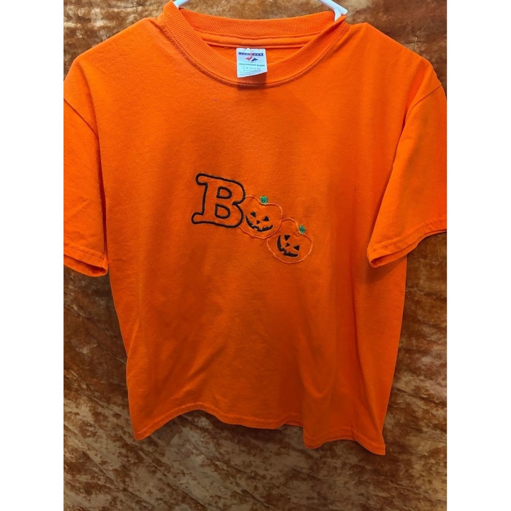Jerzees Orange Halloween Boo Pumpkin Embroidered T-Shirt Womens Large L 0033